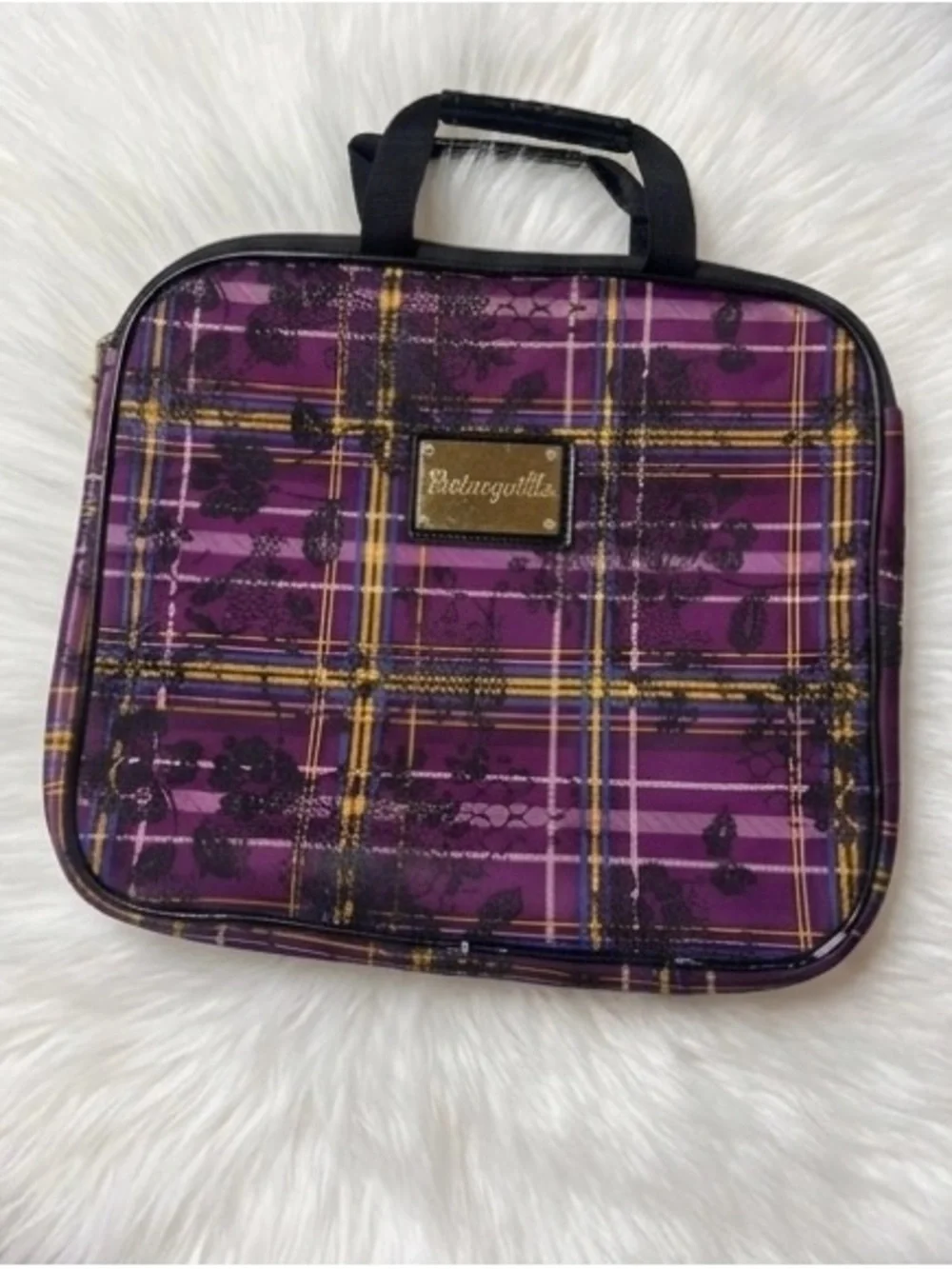 Vtg Betsey Johnson Purple Plaid and Lace design laptop bag with Gold Accents